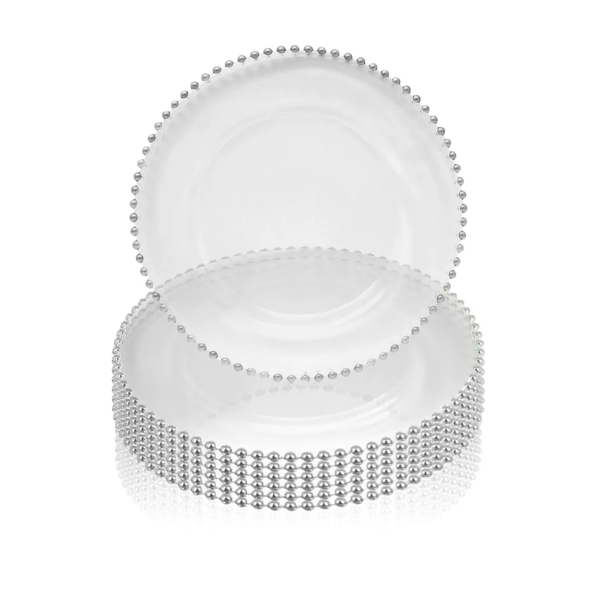 Trimming Shop Placas Decorativas para Fiestas, Placas de Cristal de diseño de Cuentas Plateadas para decoración de Mesa de Comedor, vajillas, Eventos de Catering, 33 cm, Transparente, 6 Unidades