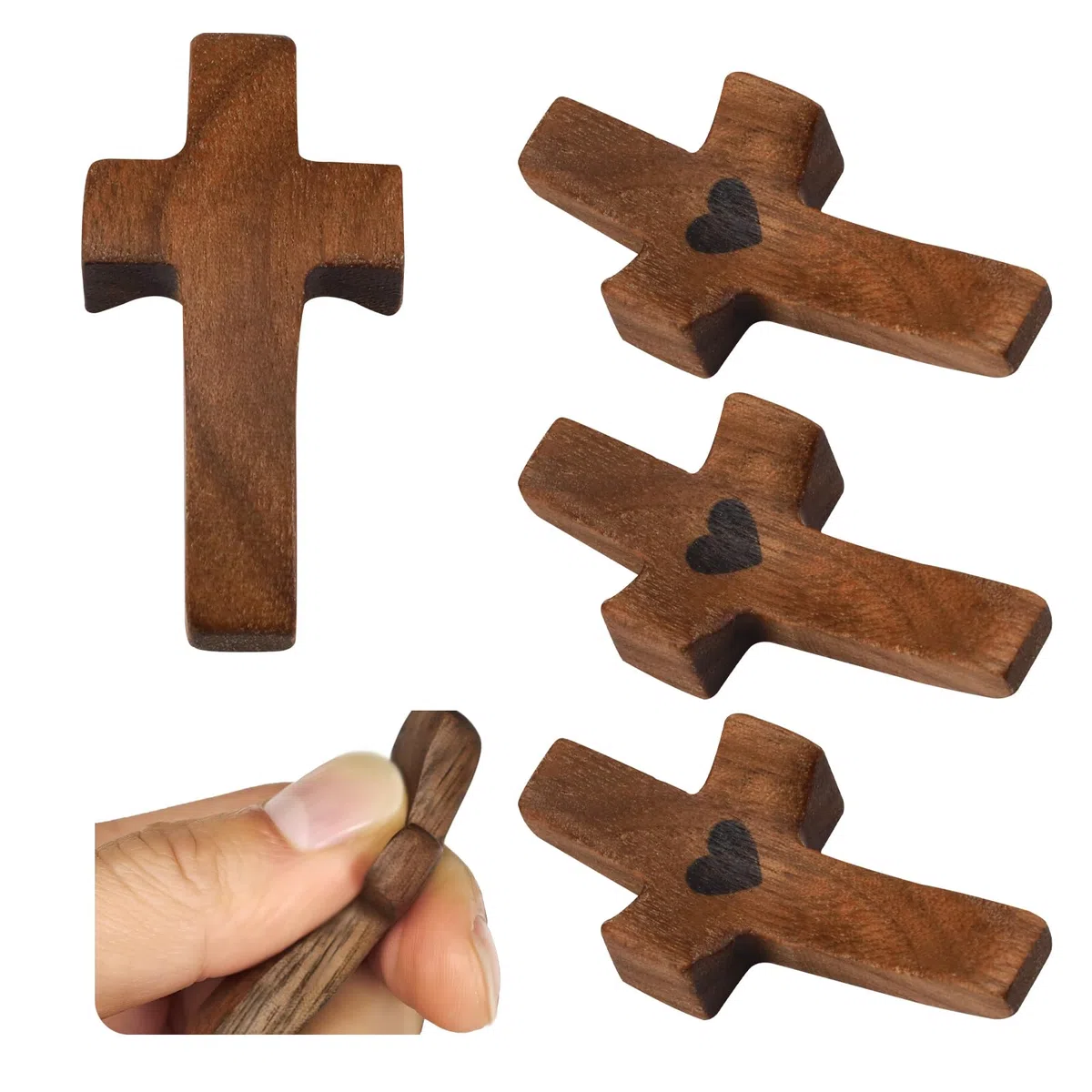 Yitexin Paquete de 5 cruces de bolsillo de madera de nogal, cruz de oración pequeña de 2 pulgadas para sostener la mano, cruz mi corazón, regalo de aliento religioso