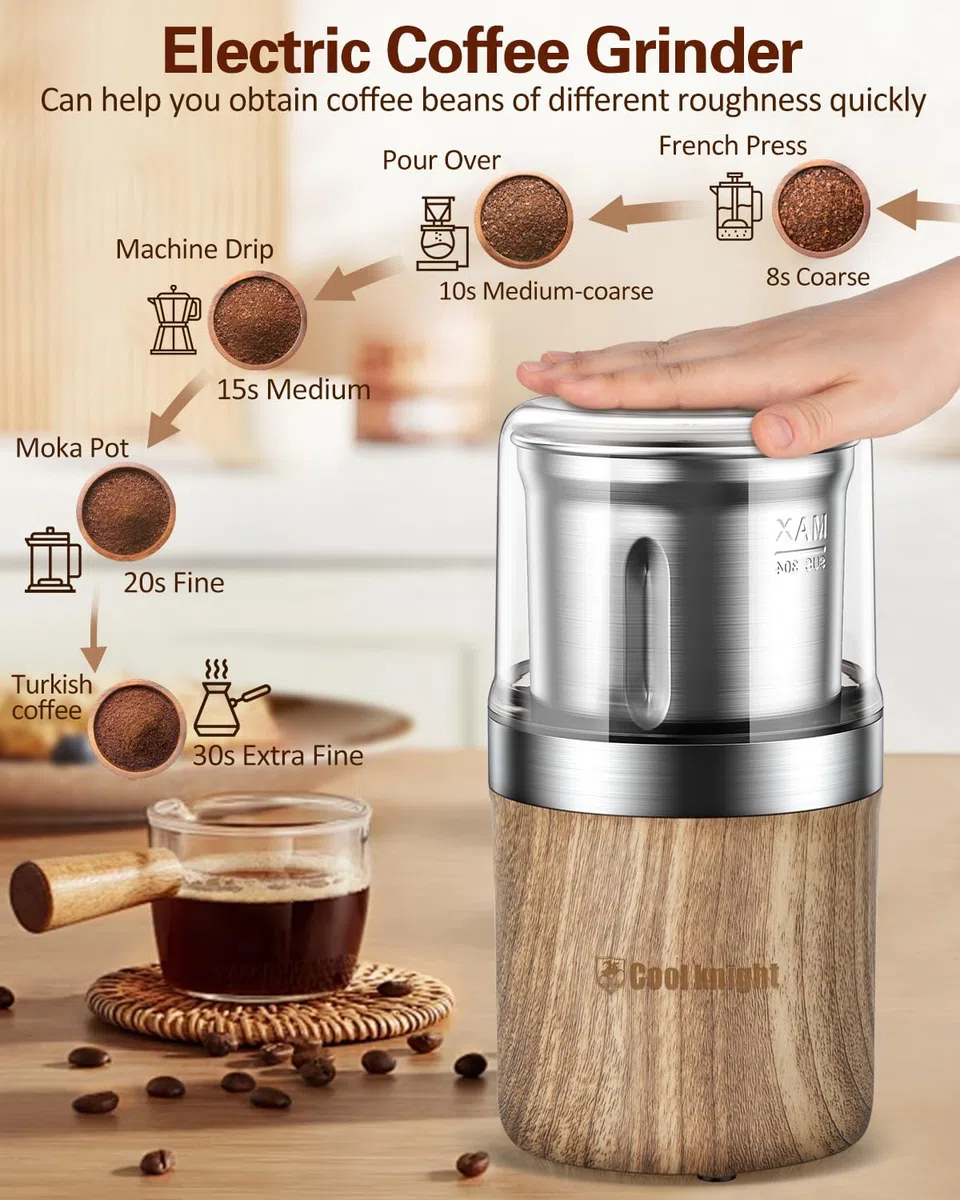 COOL KNIGHT Molinillo De Café EléCtrico, Molinillo De Cafe Con Cuchara Para Café Y 1 Recipiente De Molienda De Acero Inoxidable. Capacidad De 100g, Adecuado Para Especias, Granos De Café, Nueces, Etc.