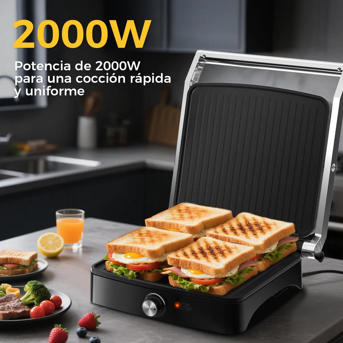 YASHE Sandwichera Eléctrica 2000W – Grill Panini y Parrilla Eléctrica Interior para Bocadillos, Carnes y Verduras – Placas Antiadherentes Grandes – Apertura 180° – Temperatura Automática – Fácil Limpi