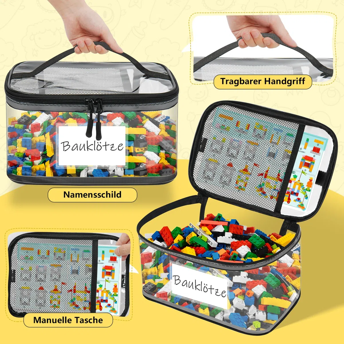 6 bolsas de almacenamiento para juguetes, transparentes, impermeables, de PVC, con etiqueta de nombre e instrucciones (idioma español no garantizado), para almacenamiento de Lego (Large)