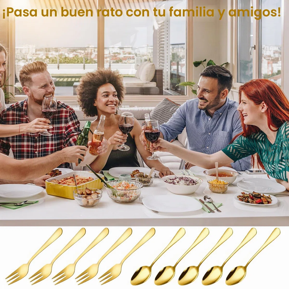 Gohytal Set de 24 Cucharillas y Tenedores de Postre en Acero Inoxidable Dorado – Perfecto para Boda, Cumpleaños, Navidad, Apto Lavavajillas