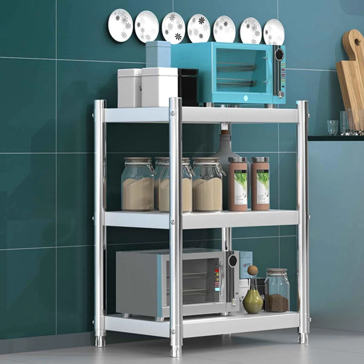 Estantes de almacenamiento de cocina de 3 niveles, estantes de metal ajustables en altura de acero inoxidable 304, estante de almacenamiento de alimentos y bebidas, estante de almacenamiento de