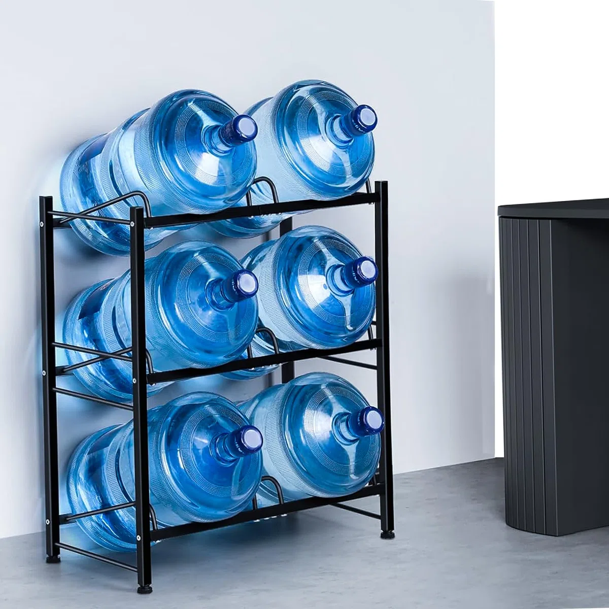 Soporte de almacenamiento resistente de 6 bandejas para botellas enfriadoras de 5 galones, 3 niveles, 2 filas, acero al carbono, para hogar, oficina, cocina, almacén, color negro