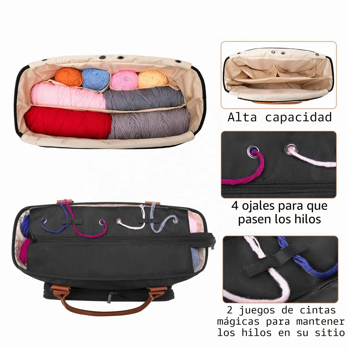 Yarwo Bolsa de mano para tejer, Bolsa de Almacenamiento para Agujas de Tejer (Hasta 35.5cm), Ganchillos, Labores de Tejidos, Ovillos y Otros Accesorios de Tejer, Negro.