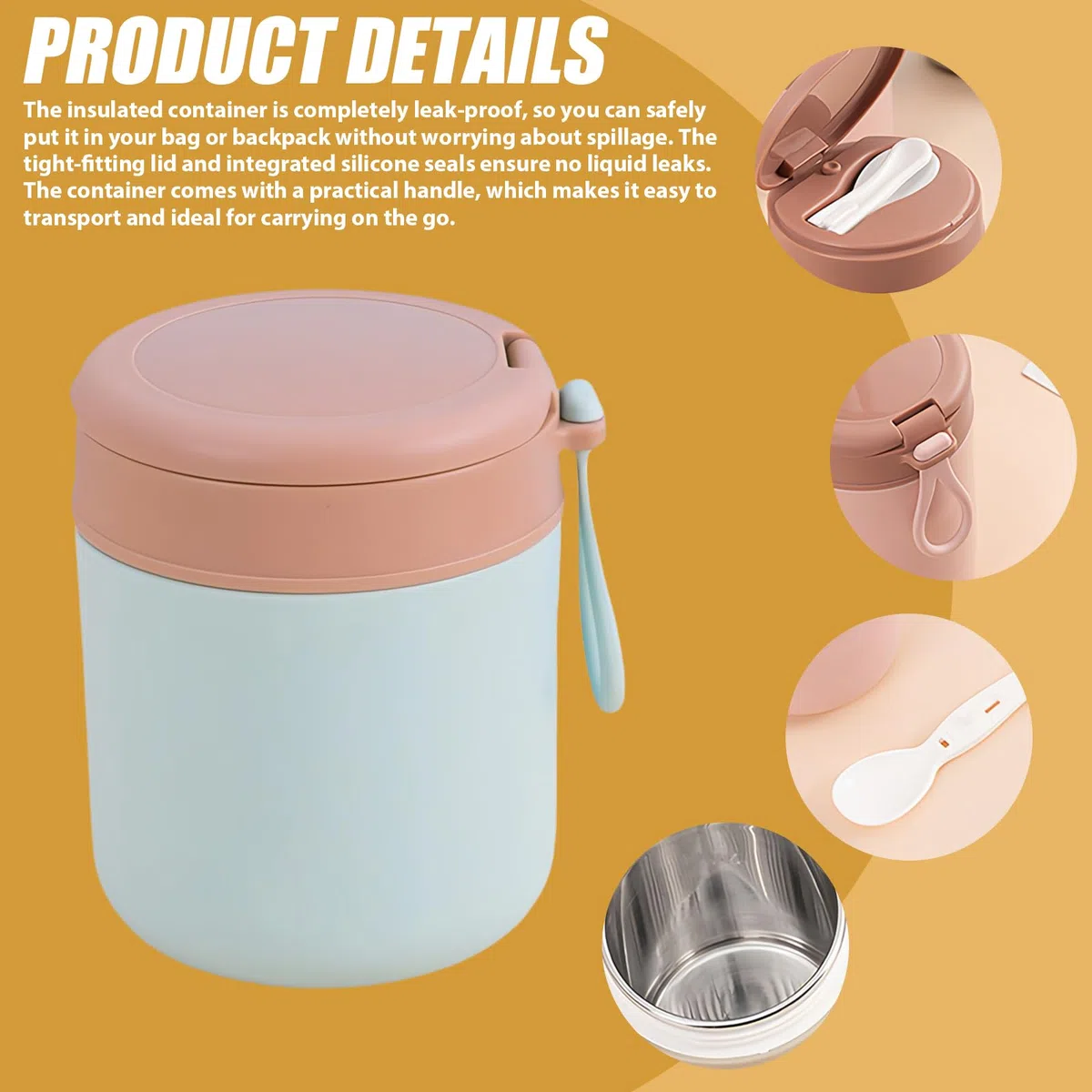 Recipiente térmico de acero inoxidable para comida: 3 cuencos térmicos con cuchara, 430 ml, aislados al vacío, termo para comida para niños, color azul, rosa y verde