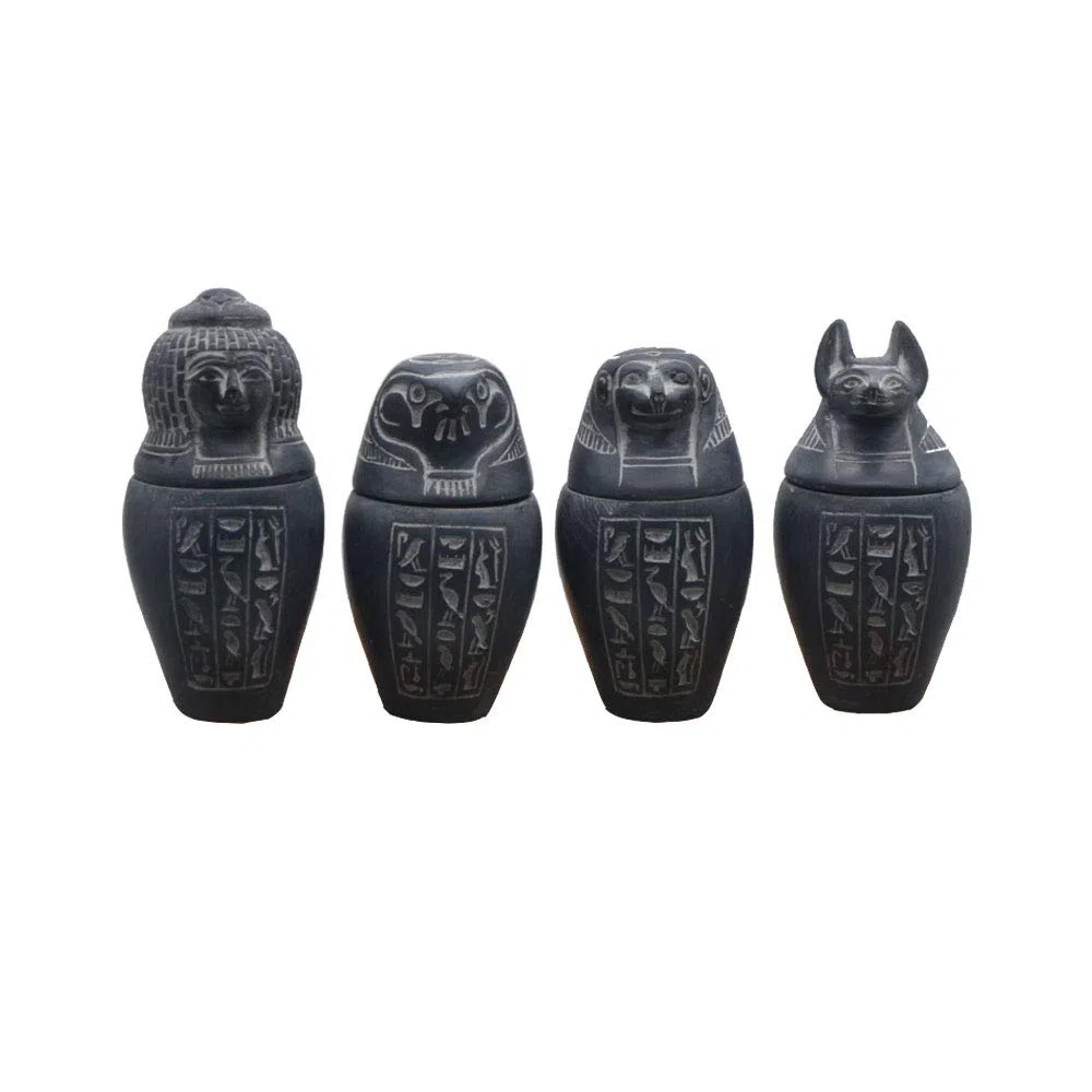 Juego de 4 Vasos canopos de Piedra caliza Gris, Hechos a Mano en Egipto. Cada uno Mide Aproximadamente 9 cm de Altura