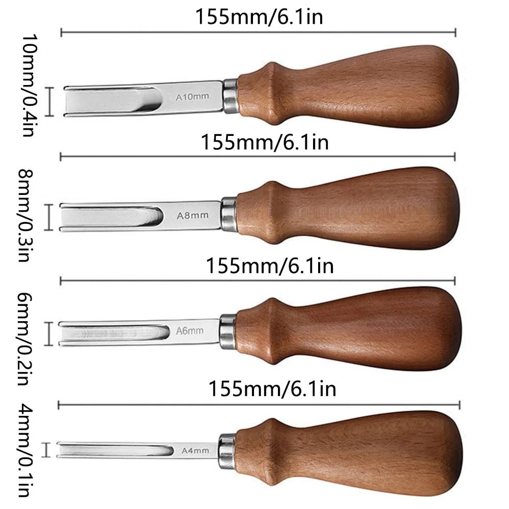 4 cuchillos de piel para paraer, herramienta de cuero con mango de madera, 4 mm, 6 mm, 8 mm, 10 mm, herramientas para reparar los bordes de la piel para trabajar el cuero para biselar cortar y marcar