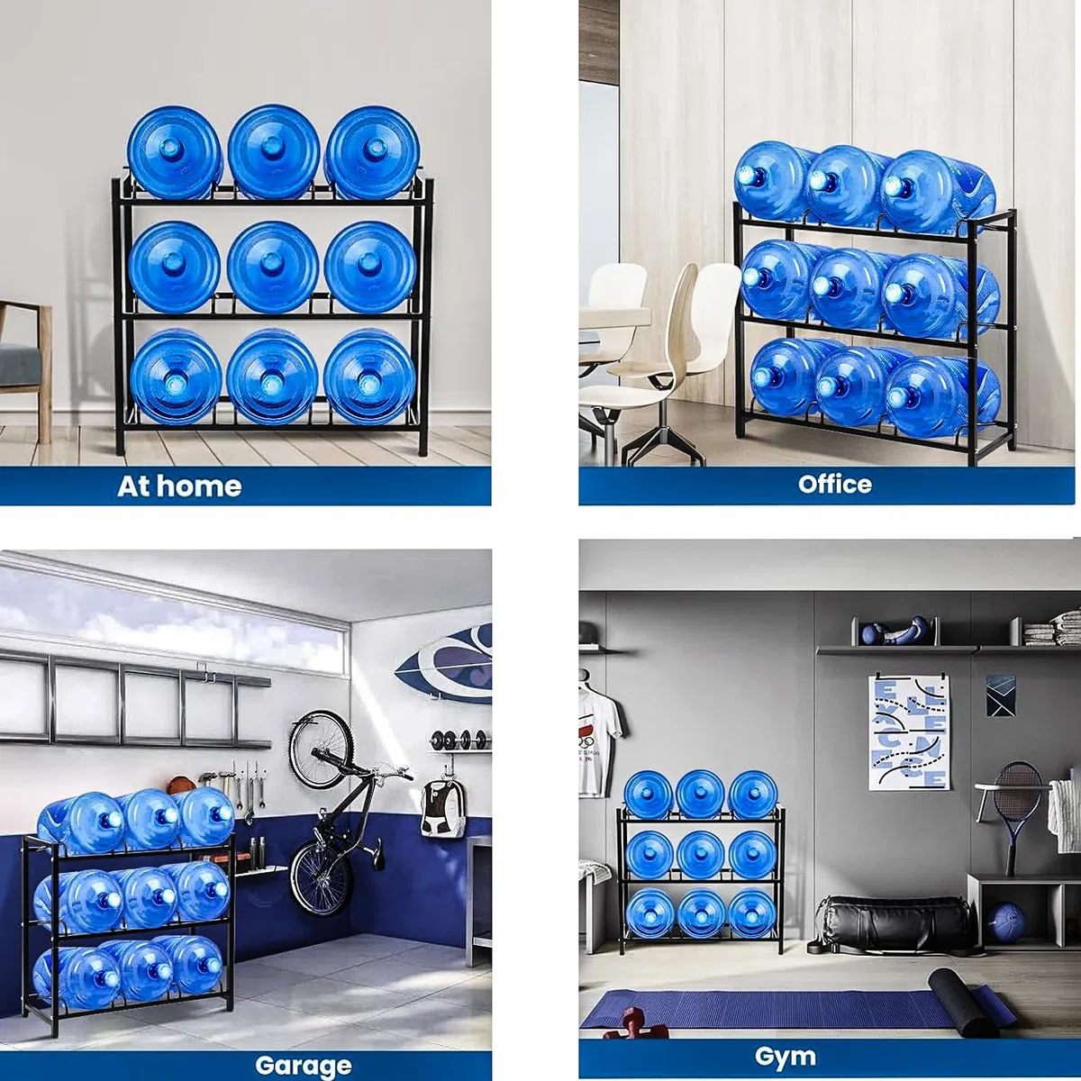 Soporte de almacenamiento resistente de 6 bandejas para botellas enfriadoras de 5 galones, 3 niveles, 2 filas, acero al carbono, para hogar, oficina, cocina, almacén, color negro
