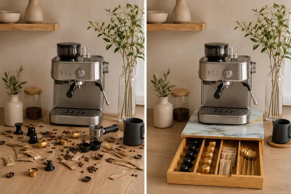 Cajón para cápsulas de bambú con superficie de cristal efecto mármol, organizador de cápsulas de café, 3 compartimentos, porta cápsulas y monodosis, ahorra espacio para cocina y café