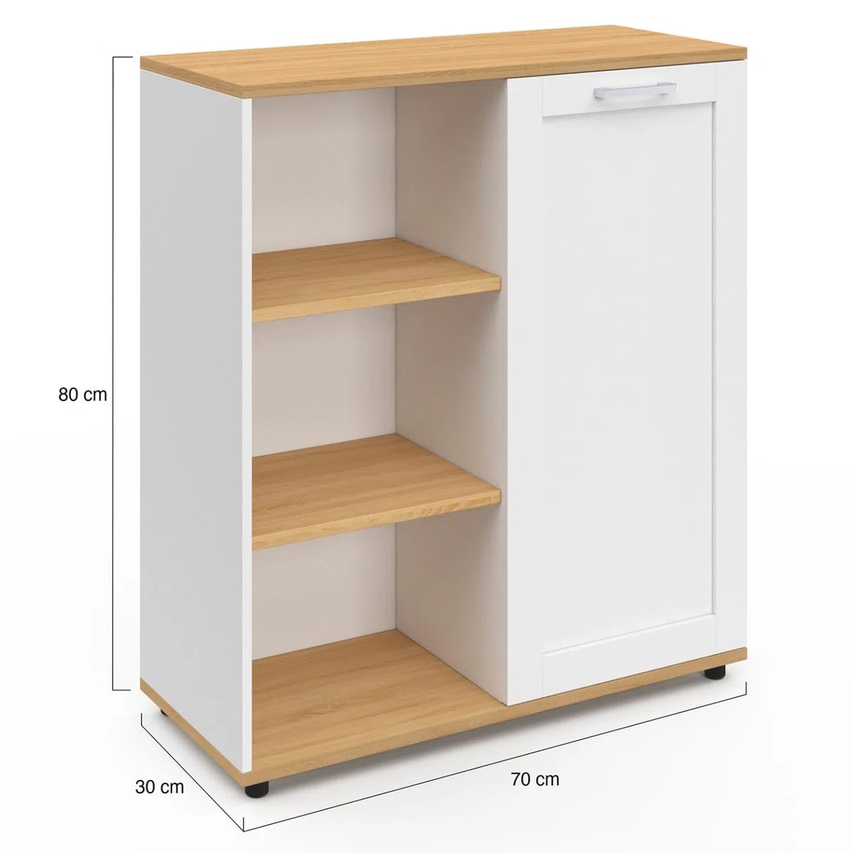 IDMarket - Aparador auxiliar VITO de 70 cm con 3 estantes y armario blanco y tablero de madera