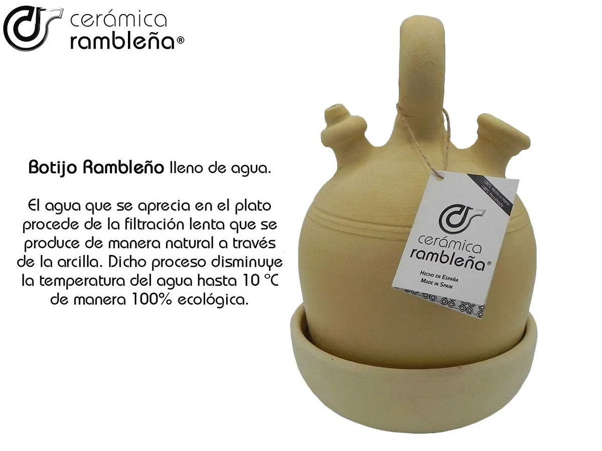 CERÁMICA RAMBLEÑA | Botijo de Barro Tradicional asa Redonda Base Ancha de La Rambla (Córdoba) | 100% Hecho a Mano | 4 litros | Eco | Plato NO Incluido