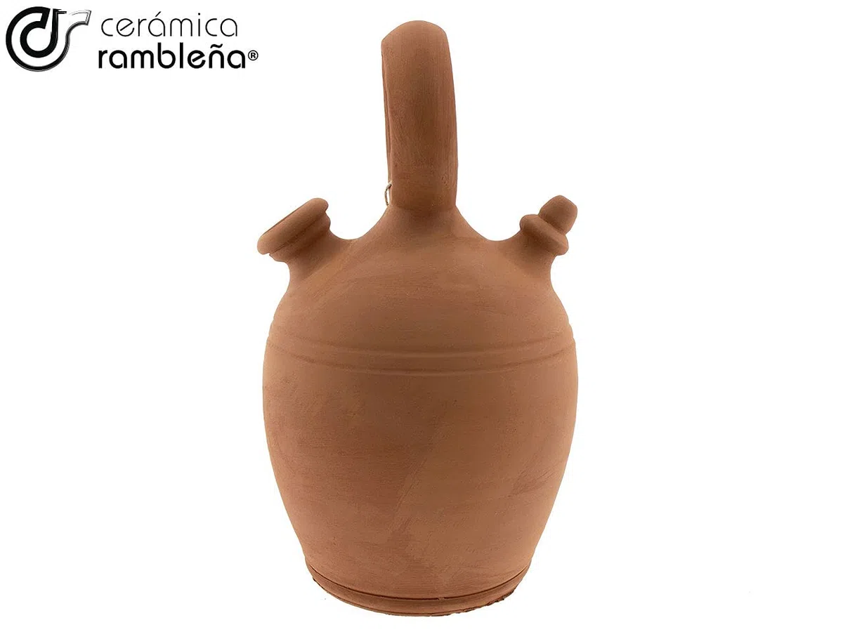 CERÁMICA RAMBLEÑA | Botijo de Barro Rojo Tradicional asa Redonda Base Ancha de La Rambla (Córdoba) | 100% Hecho a Mano | 3 litros | Eco | Plato NO Incluido