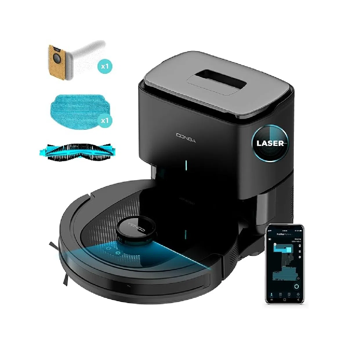 Cecotec Robot Aspirador Conga 7490 Ultimate Home X-Treme, 2600 Pa, 120 min autonomía, navegación láser y Base de autovaciado, Limpieza 4 en 1, Cepillo Central multifunción, App