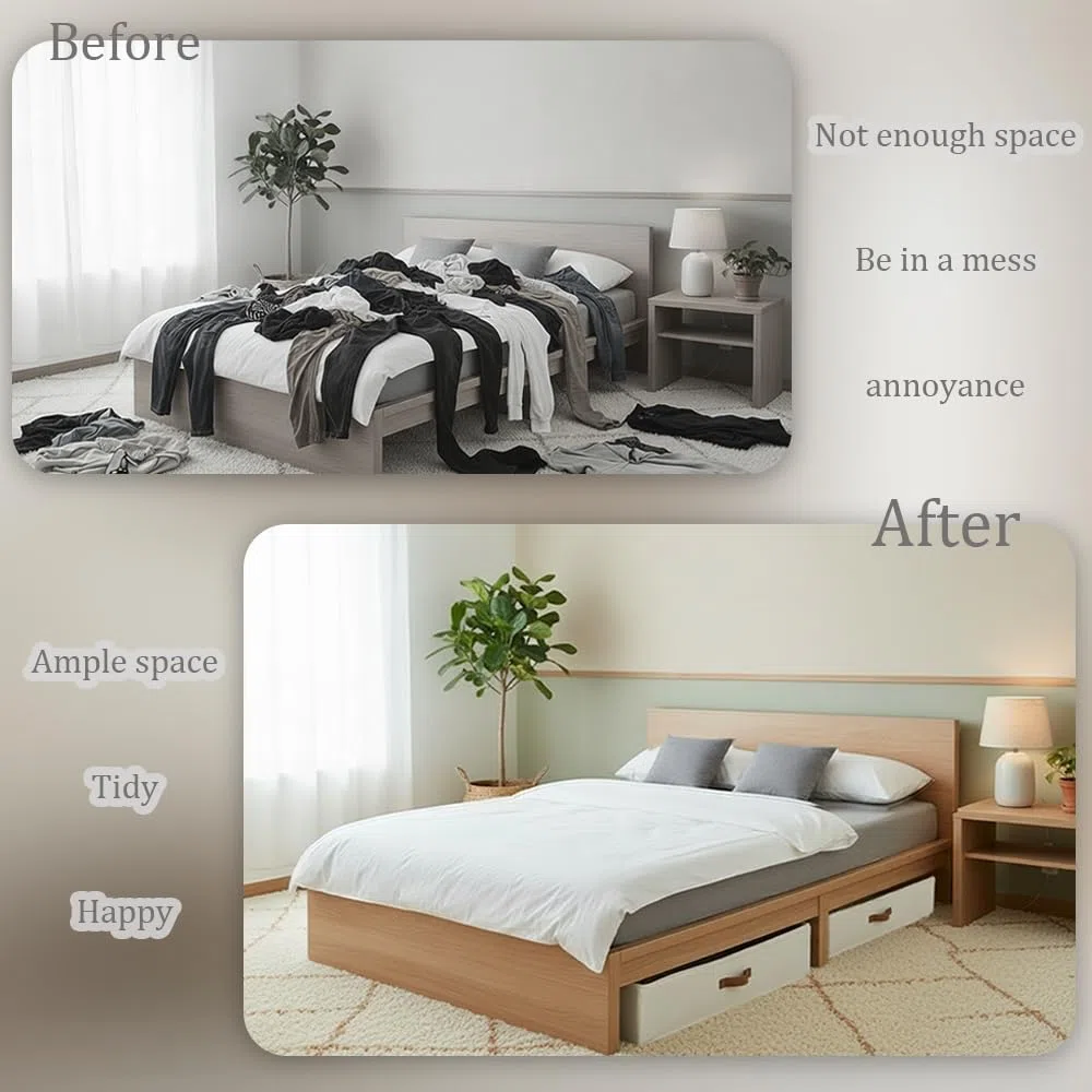 Contenedores de Almacenaje para Debajo de la Cama,Con placas de soporte alrededor y en la parte baja, 2 Piezas Arcones para Guardar Ropa Plegables (Beige, Con placa base)