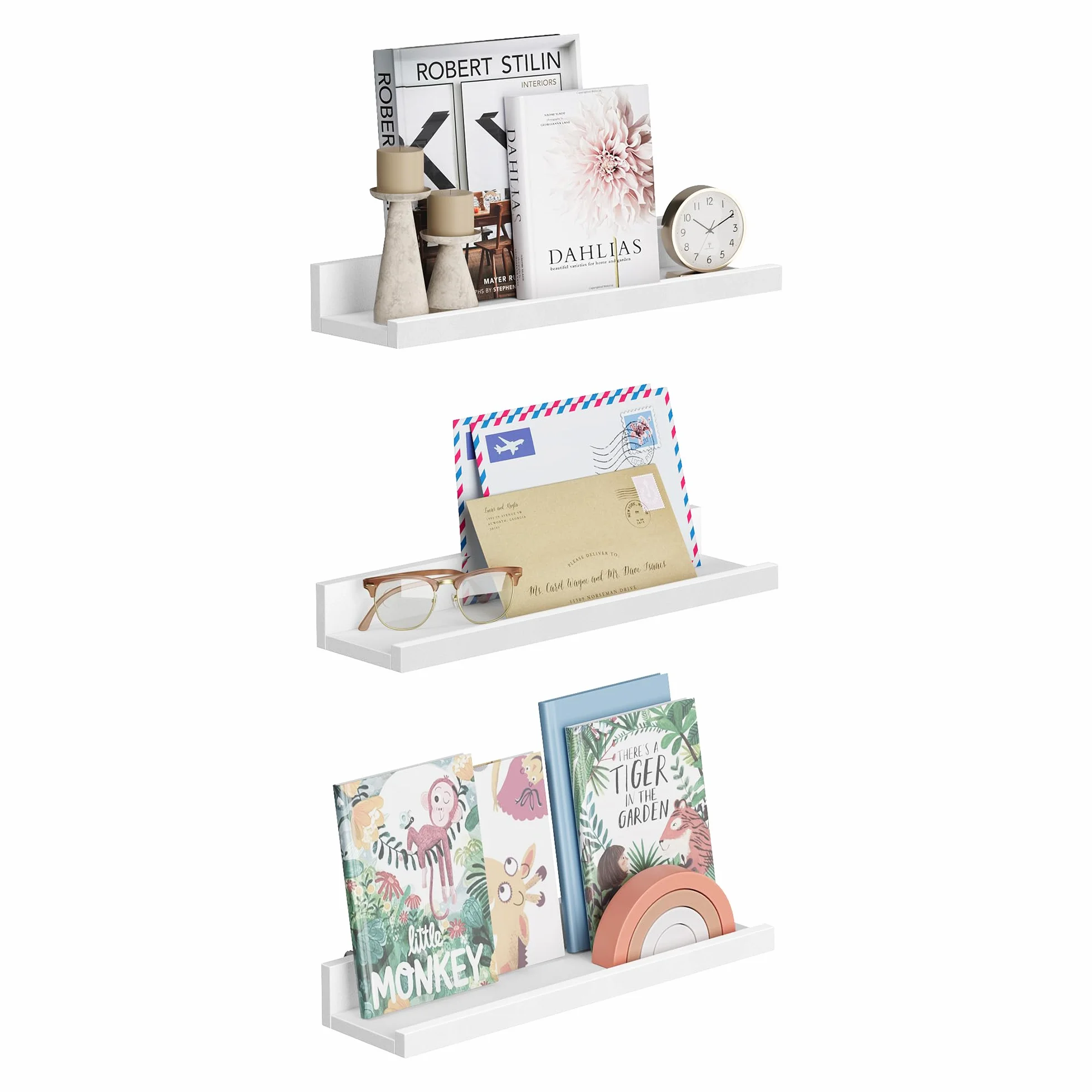 SONGMICS Estantes de Pared, Juego de 3, Estantes Flotantes, Ancho de 38 cm, Estantes Colgantes, para Marcos de Fotos y Adornos, para Salón, Oficina en Casa, Baño, Cocina, Blanco Mate LWS38WT