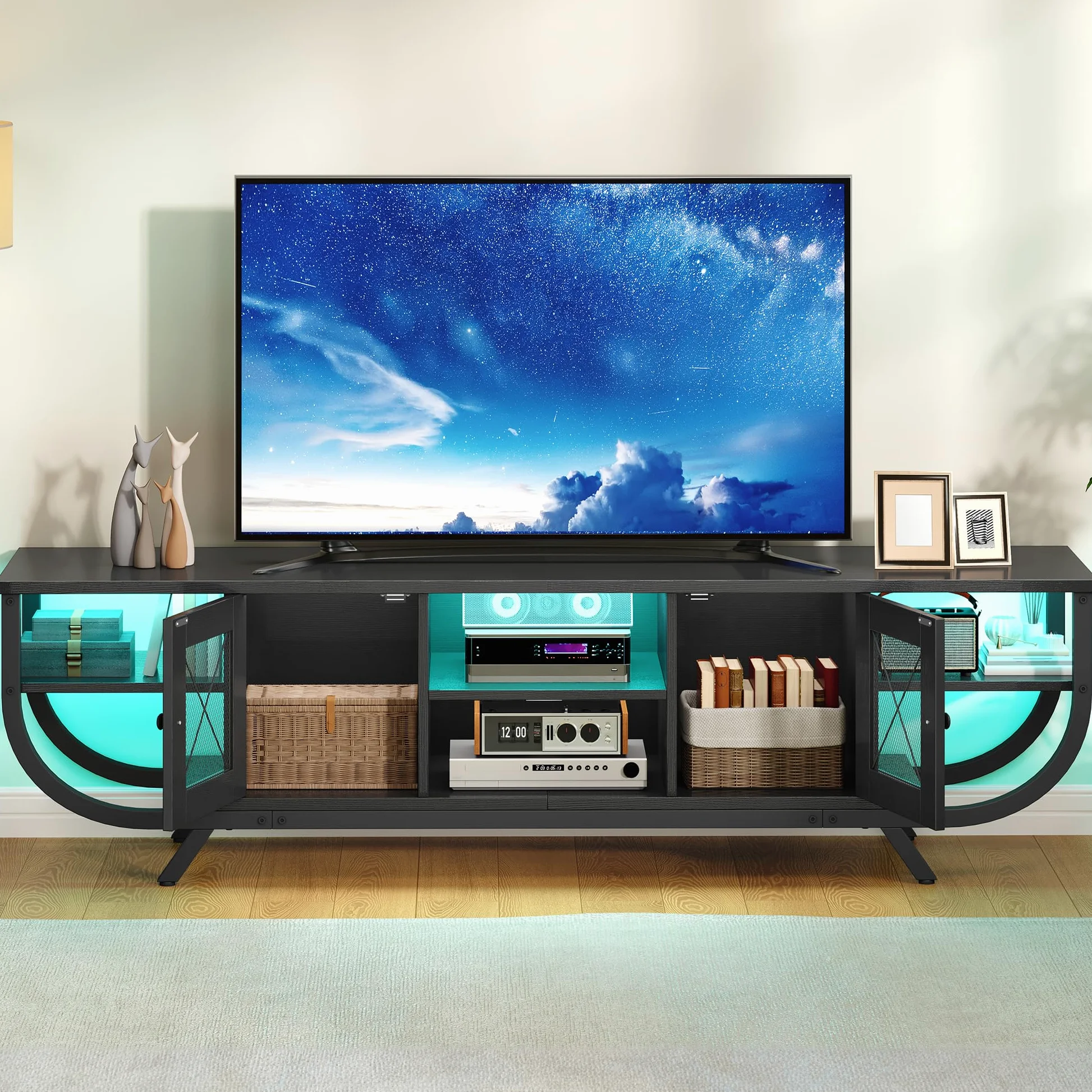 YITAHOME Industrial Mueble de TV, Mesa de TV de hasta 65 Pulgadas, 160 cm Mueble TV Salon con LED, Estantes Abiertos Centro de Entretenimiento Alto para Salón, Dormitorio, Negro