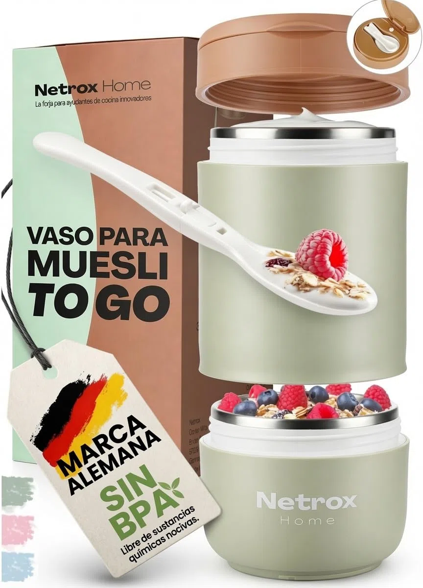 NetroxHome - Taza Cereales con Cuchara para Llevar, Taza de Yogur de Acero Inoxidable a Prueba de Fugas, Fiambrera - para Yogur Comida - verde