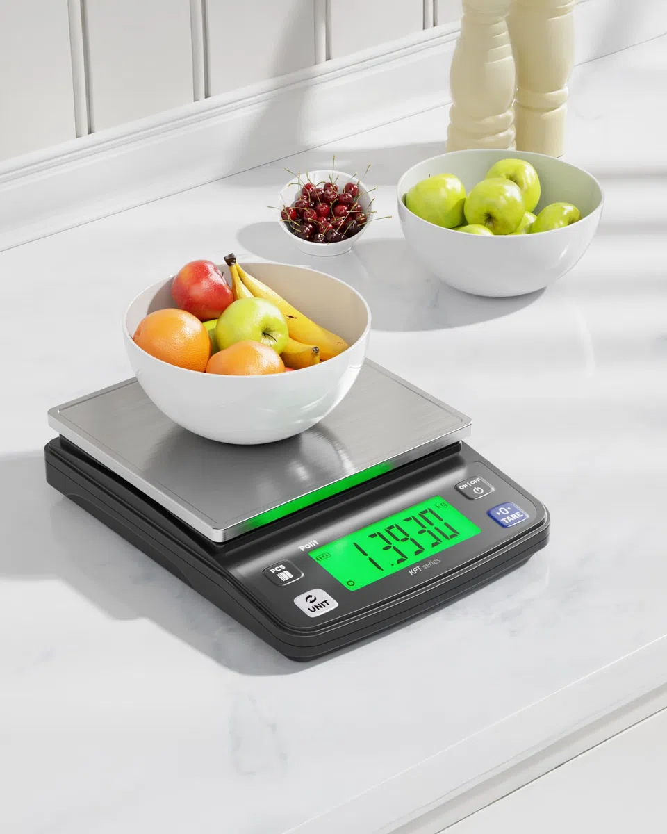 Polit Báscula digital de cocina KPT EVO, 13 lb/6 kg, peso gramos, 0,5 g, precisión, acero inoxidable con pantalla LCD, recargable, función de tara, 4 unidades para hornear y cocinar