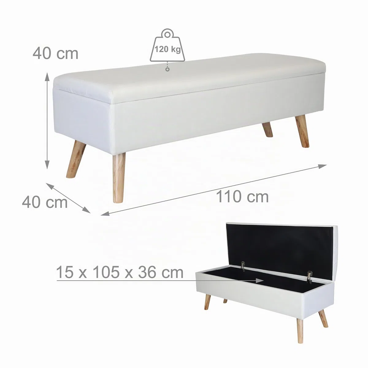 Banco Relaxdays de Lino, con Almacenamiento, 40 x 110 x 40 cm, Patas de Madera, Banco tapizado para Dormitorio, Blanco