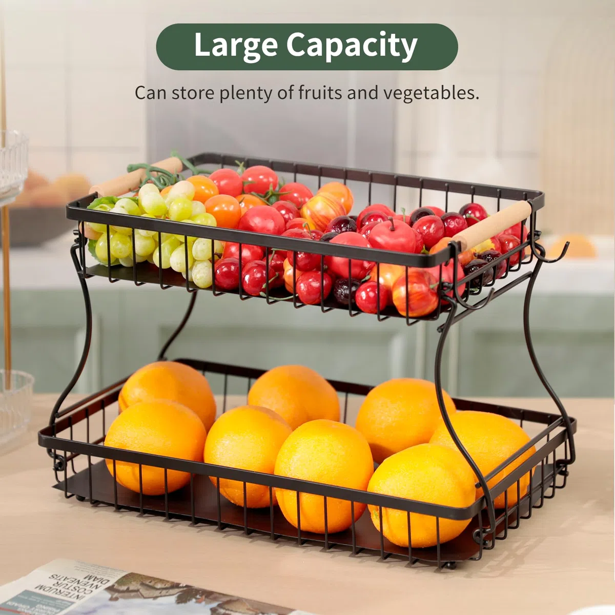 Romon Fruteros de Cocina, Cesta de Frutas de 2 Niveles con 2 Perchas de Plátano, Modernos Estantes Fruits Cuenco Verduras de Malla de Metal para Almacenamiento Mostrador Organizador Soporte, Negro