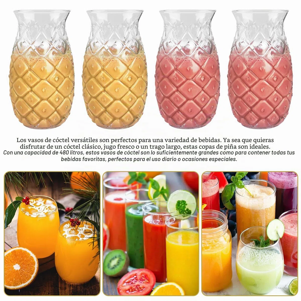 4 vasos de cóctel de 480 ml: copas de piña con 4 pajitas, vasos de cóctel transparentes con relieve de piña, copas de cóctel para fiestas, zumo de vino, copas de cóctel para familia, camping, bar