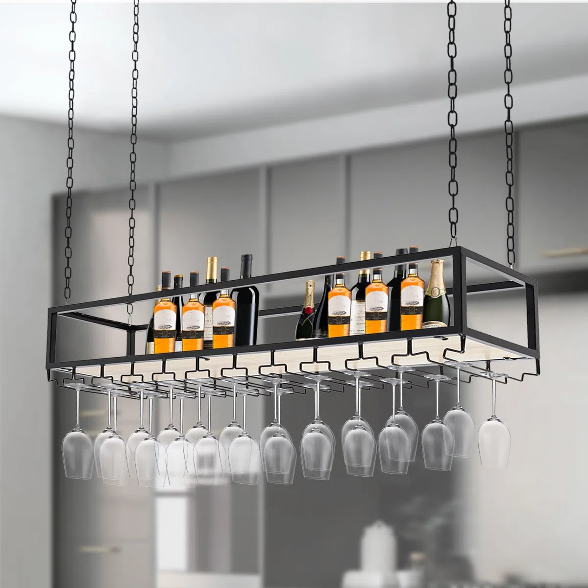 Estante colgante negro para copas de vino, soporte de techo con soporte de cristal, soporte ajustable para botellas de vino industrial, para enfriadores de vino privados, cocinas, hoteles,