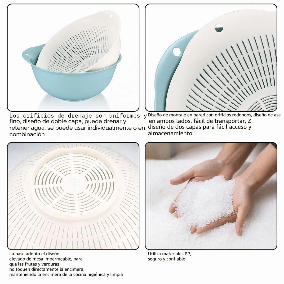 3 Piezas Coladores de Cocina Plastico, 2 en 1 Cesta de Drenaje Multifuncional, Coladores de Alimentos para Escurrir Pasta, Frutas, Verduras