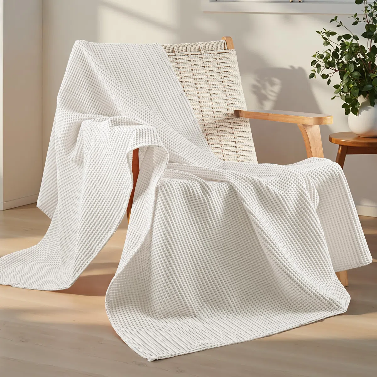 Exclusivo Mezcla Manta de 100% Algodón Gofrado, Ligera, Suave y Cómoda para Cama, Sofá y Oficina, Todas Las Estaciones, 130 x 170 cm, Blanco