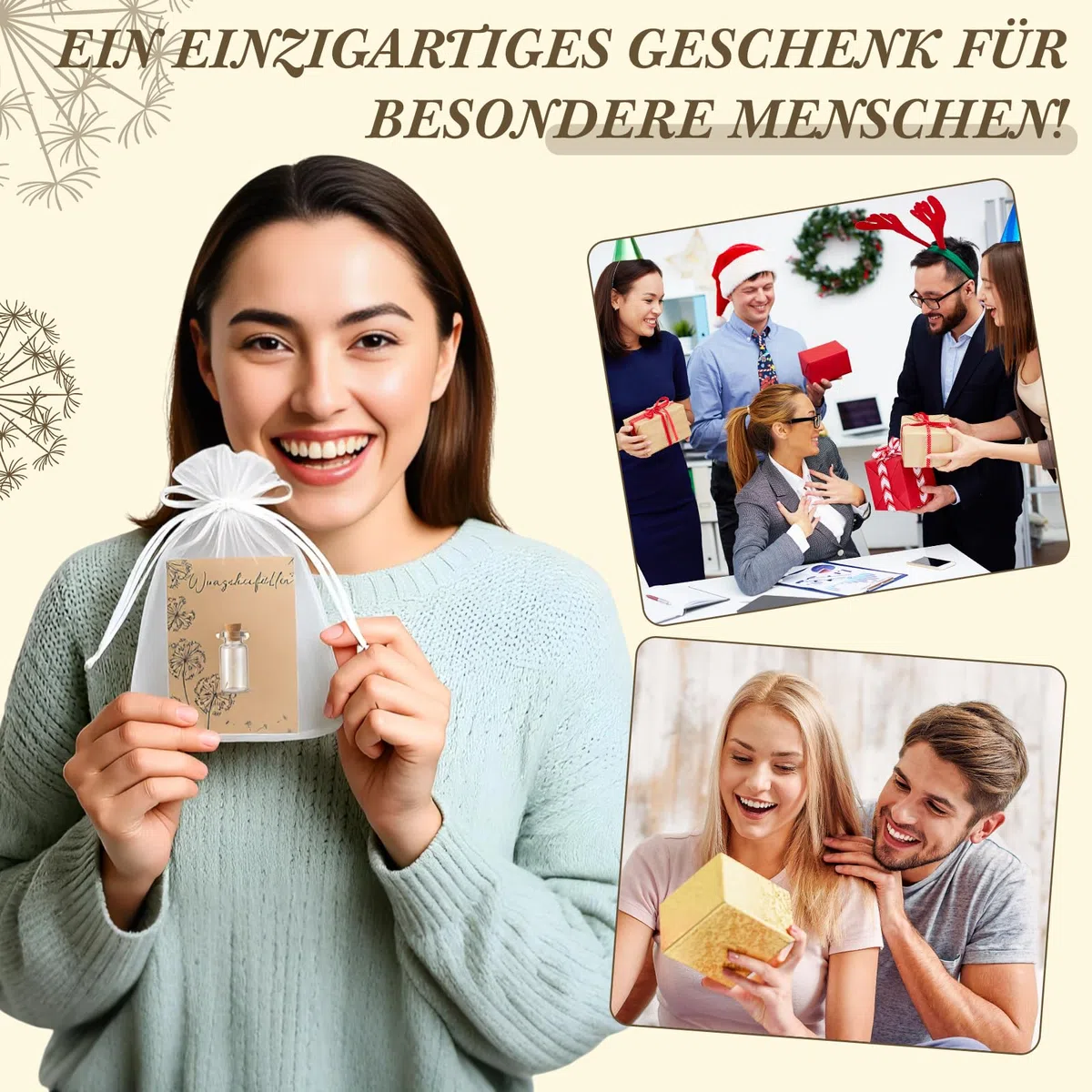 Geiserailie 12 Set Pequeño Concededor de Deseos Dientes de León en Frasco Tarjeta Bolsa de Organza Cuerda Regalo de Gracias Amuleto de Suerte Favores de Fiesta para Navidad Cumpleaños Boda