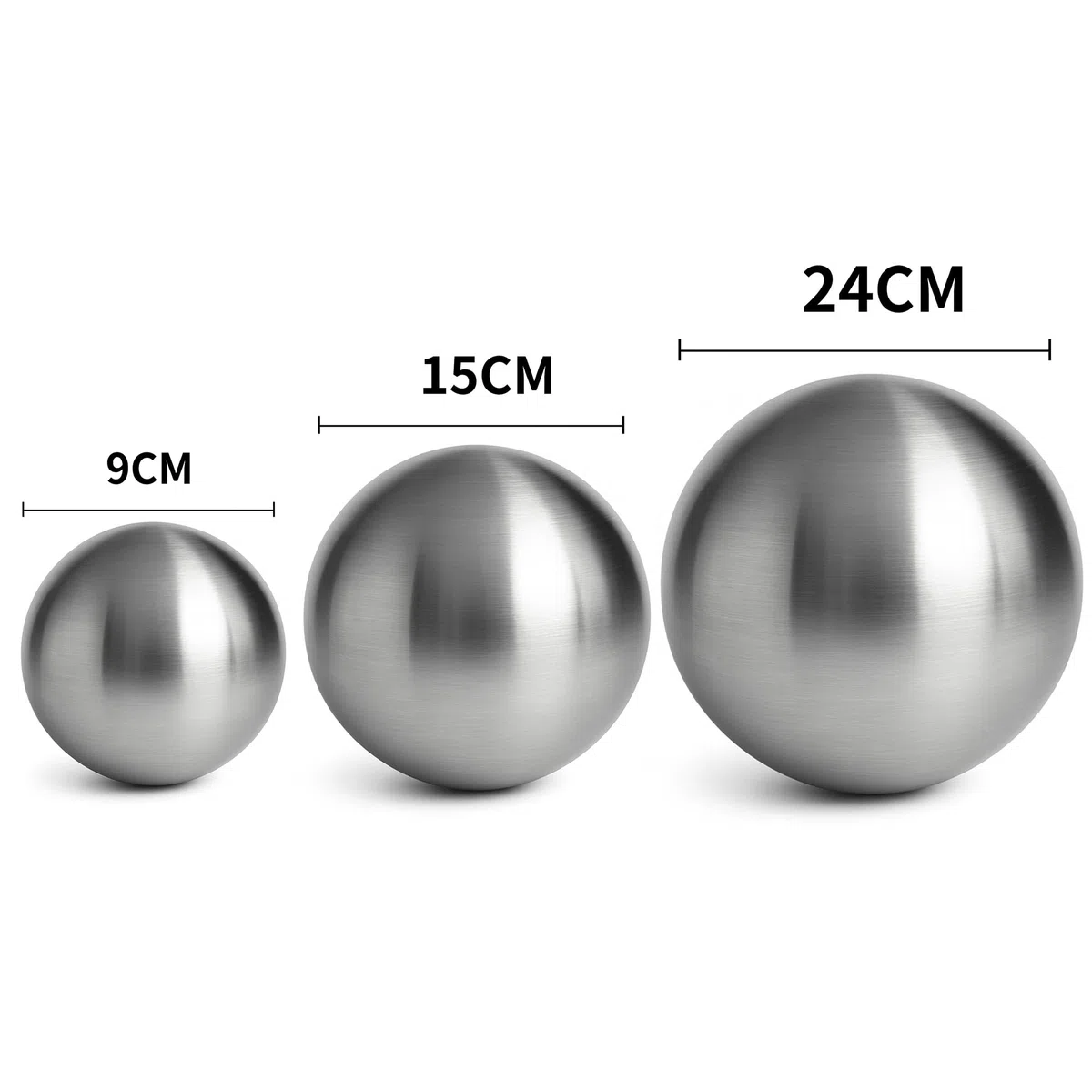 Köhko Juego de 3 bolas de acero inoxidable, 06, diámetro 9-15-24 cm, bola decorativa de acero inoxidable cepillado mate, diámetro 9-15-24 cm