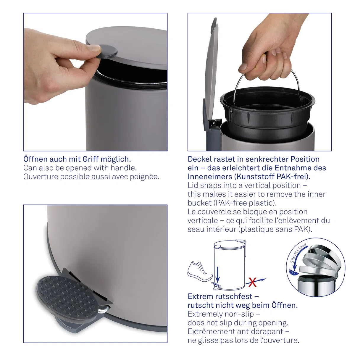 kela Cubo de basura para cosméticos negro mate 5 l, tapa con cierre silencioso, cubo de basura con pedal para el baño MATS, cubo de basura para el baño con cubo interior y asa de transporte