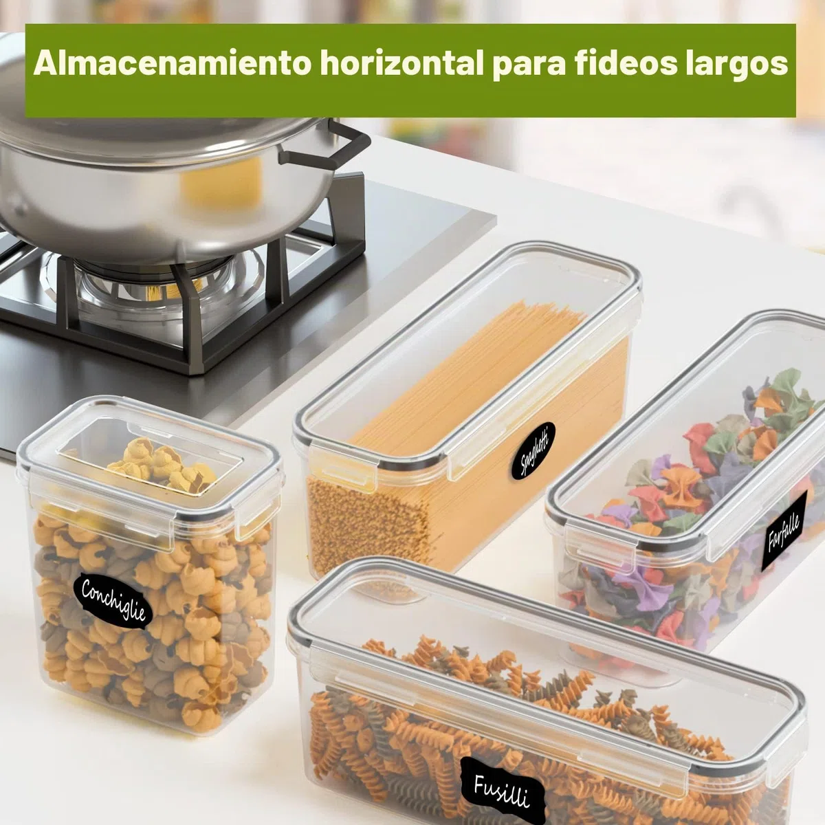 Withosent Juego de 6 recipientes herméticos para cocina, con tapa de plástico, 2,3 L, para almacenar pastas, pasta, para pastas, cereales (2,3 L, 1,6 L)