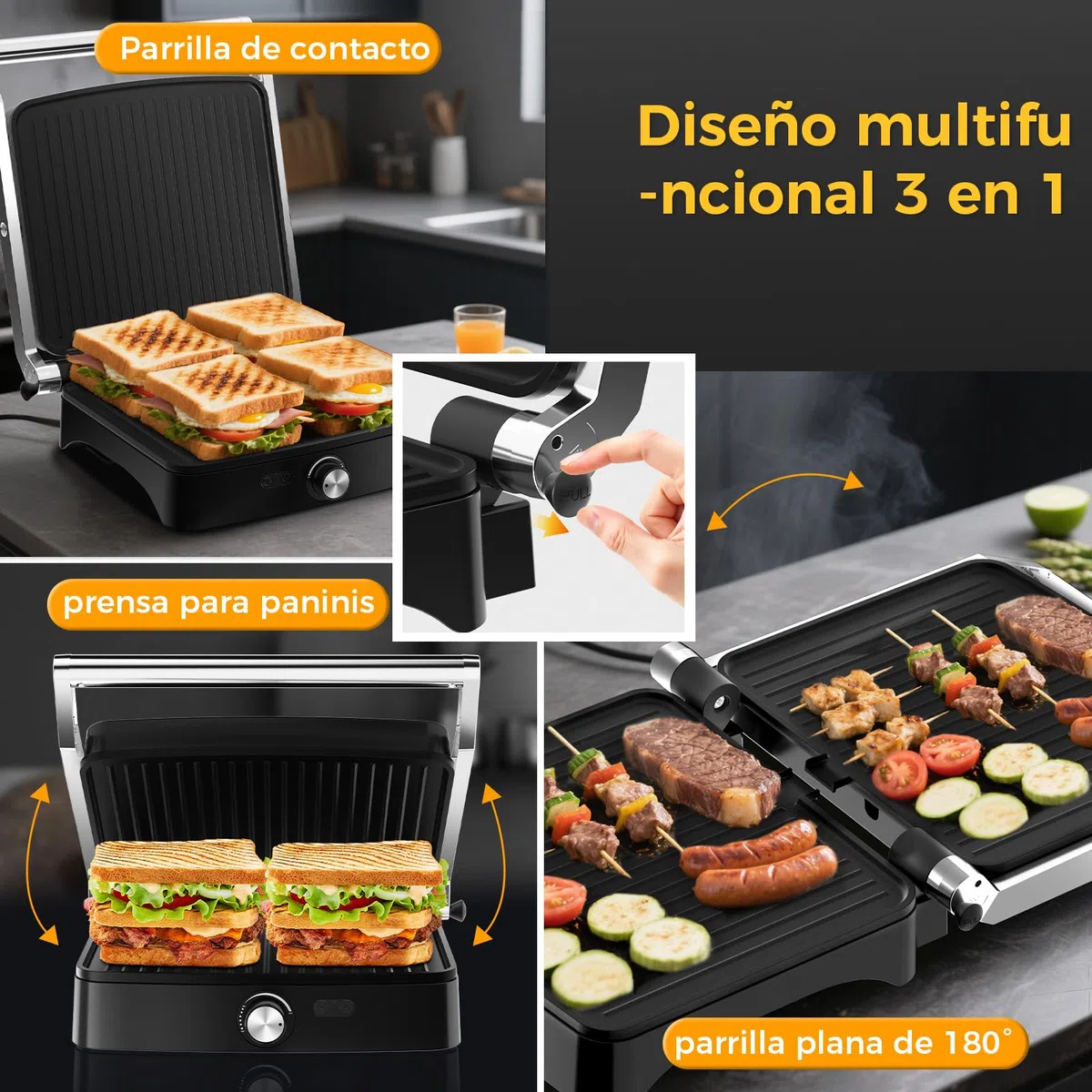 YASHE Sandwichera Eléctrica 2000W – Grill Panini y Parrilla Eléctrica Interior para Bocadillos, Carnes y Verduras – Placas Antiadherentes Grandes – Apertura 180° – Temperatura Automática – Fácil Limpi