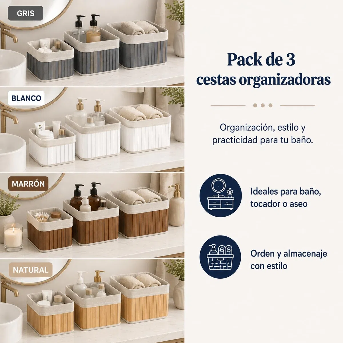 HERSIG - Cesta de Bambu | Cesta Decorativa Cuadrada Color Blanco - 26x26x15 cm - 22x22x14cm - 19,5x19,5x13cm - Pack 3 Unidades