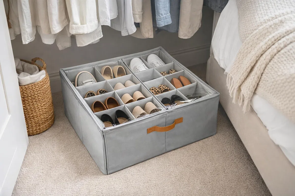 Genérico Organizador de Zapatos Ajustable 16 Compartimentos – Caja Organizadora con Separadores Flexibles, Multiuso para Zapatos Grandes, Ropa y Accesorios – Plegable con Tapa Transparente