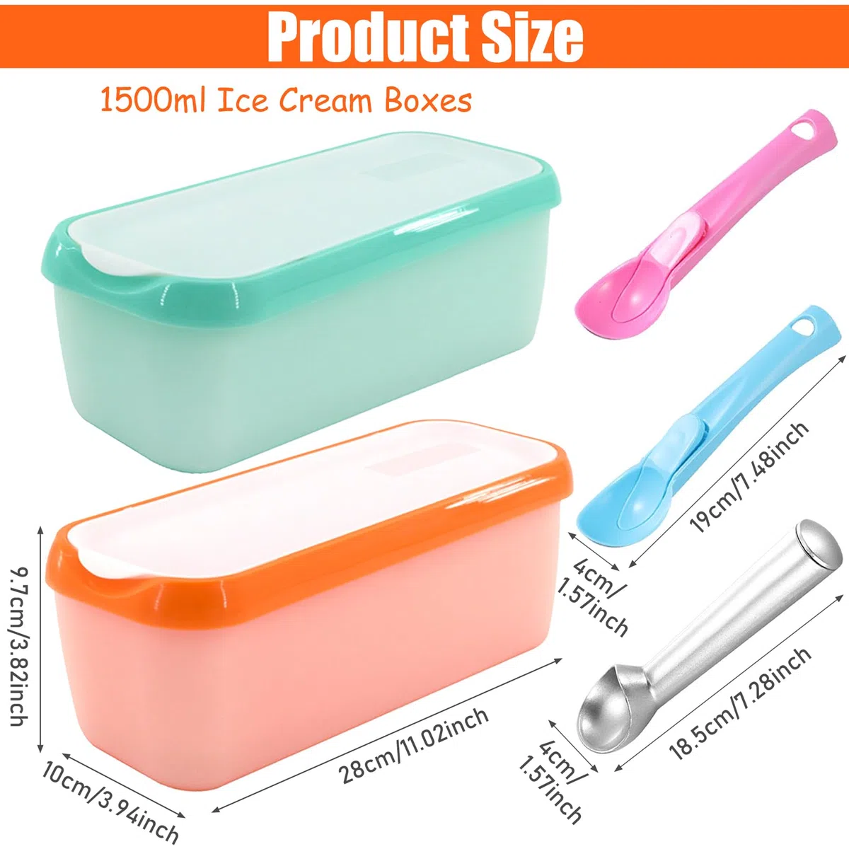 2 Piezas Recipientes para Helados con 3 Cucharas, Contenedores de Hielo para Helados de 1,5 litros, Recipientes de Almacenamiento Congelador con Tapa de Silicona, Sin BPA para Accesorios de Cocina