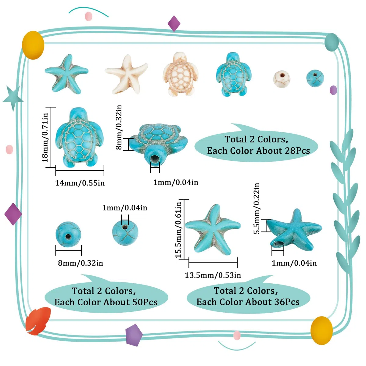 SUNNYCLUE 6 hebra 180~200 piezas Tortuga Cuenta Tortugas Encantos Estrella de Mar Blanco Azul Turquesa Sintética A Granel 8 mm Cuentas Redondas Verano Océano Mar Animal Cuentas para Bisutería