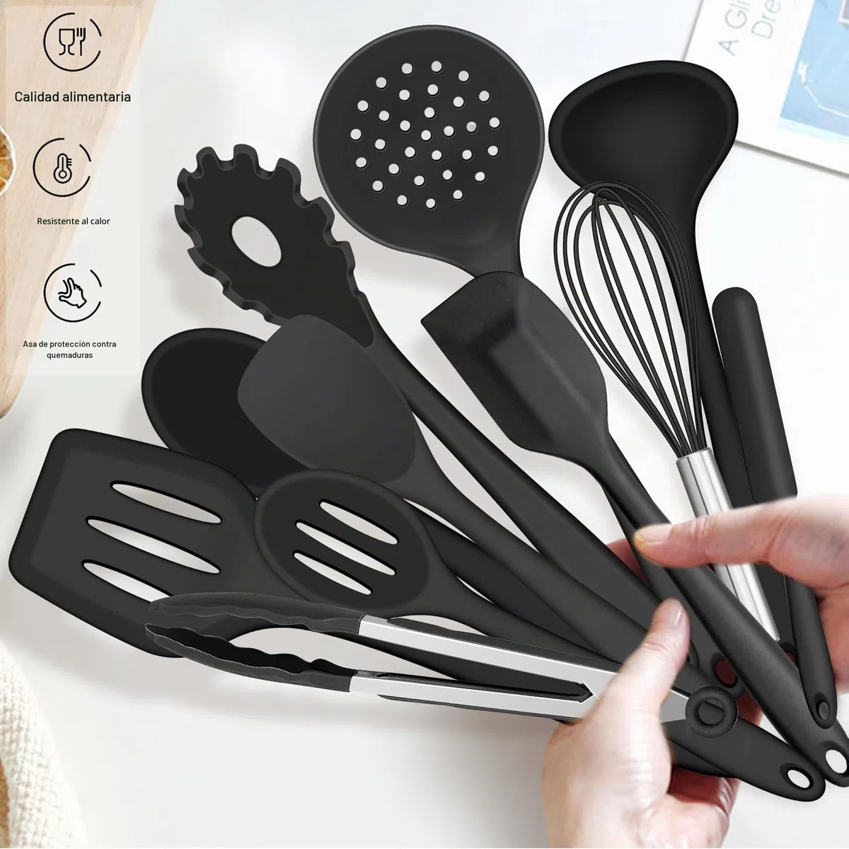Joyfair - Juego de 15 utensilios de cocina de silicona resistente al calor con soporte para utensilios de cocina antiadherentes, apto para lavavajillas, color negro