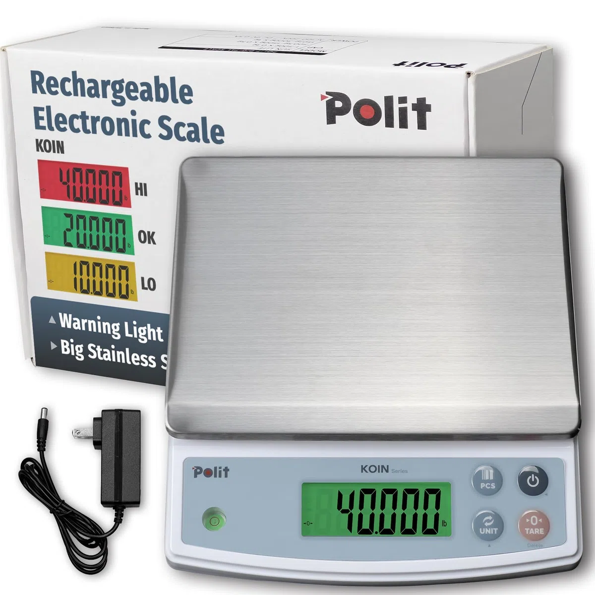 Polit KOIN - Báscula digital de cocina para alimentos, 40 lb/18 kg, precisión de 1 g, pantalla LCD, recargable, 5 unidades de peso (con adaptador de corriente)