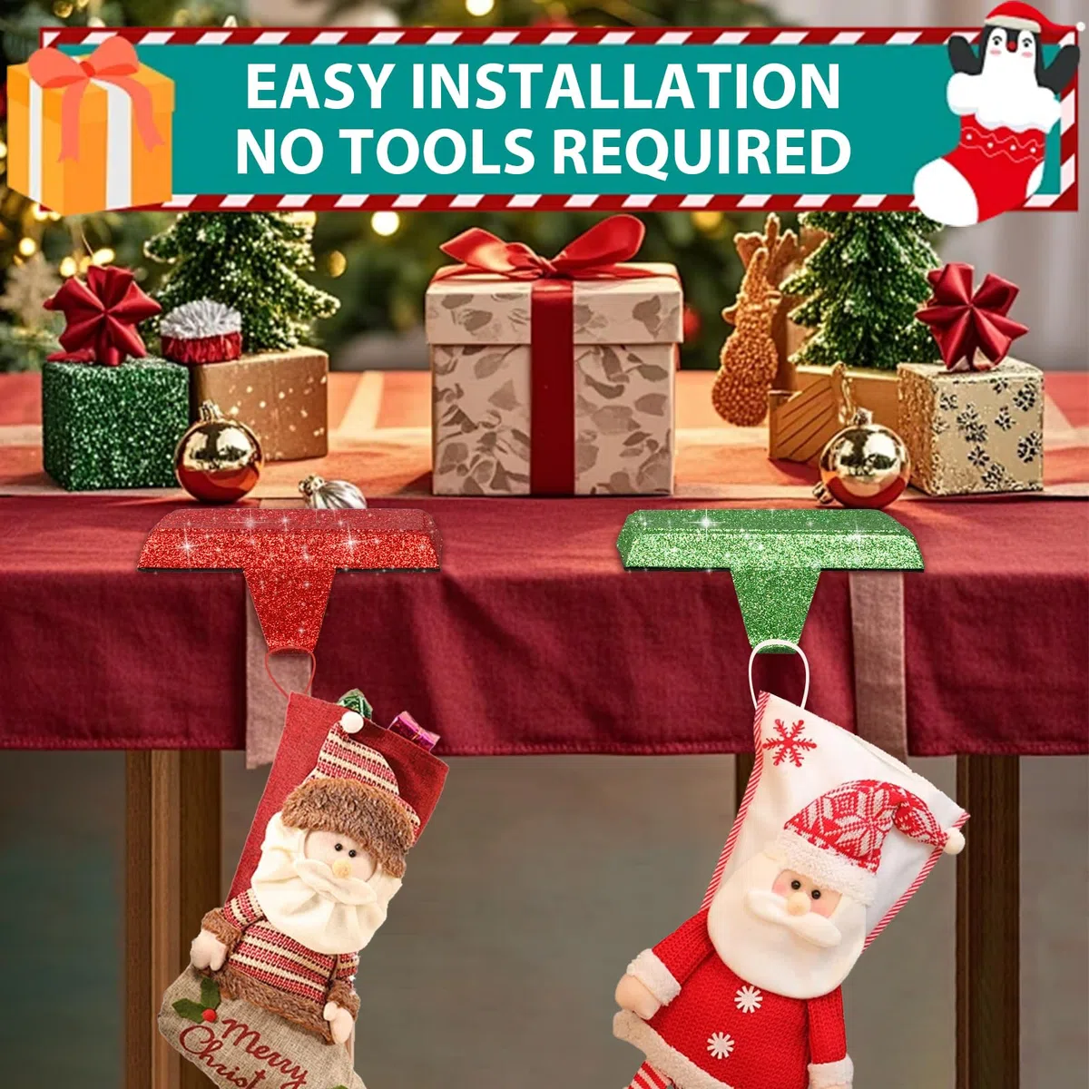 4 soportes de repisa de Navidad, ganchos de metal para chimenea, ganchos de adorno de Navidad para chimenea de 5 x 2.5 x 0.7 pulgadas para decoración de fiestas de Navidad (4 piezas)
