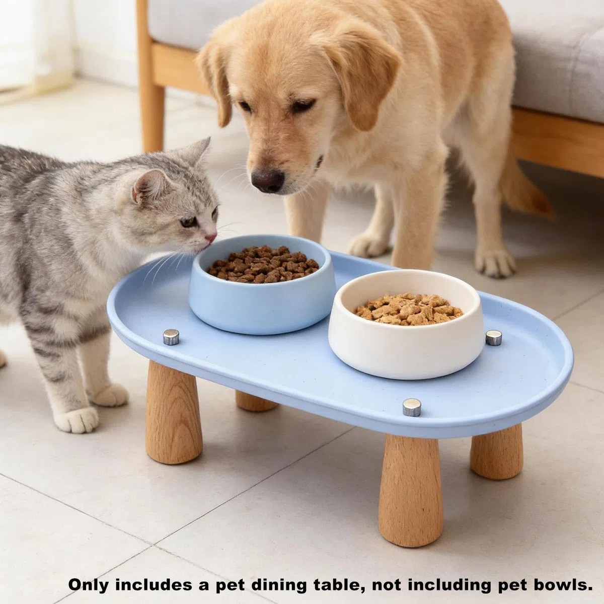 Soporte Elevado para Gatos Comedero Recipiente de Comida Y Agua Soporte Antideslizante Fabricado en Madera Y PP para Alimentación Saludable Adecuado P, Azul 38cmx21cm, Individual