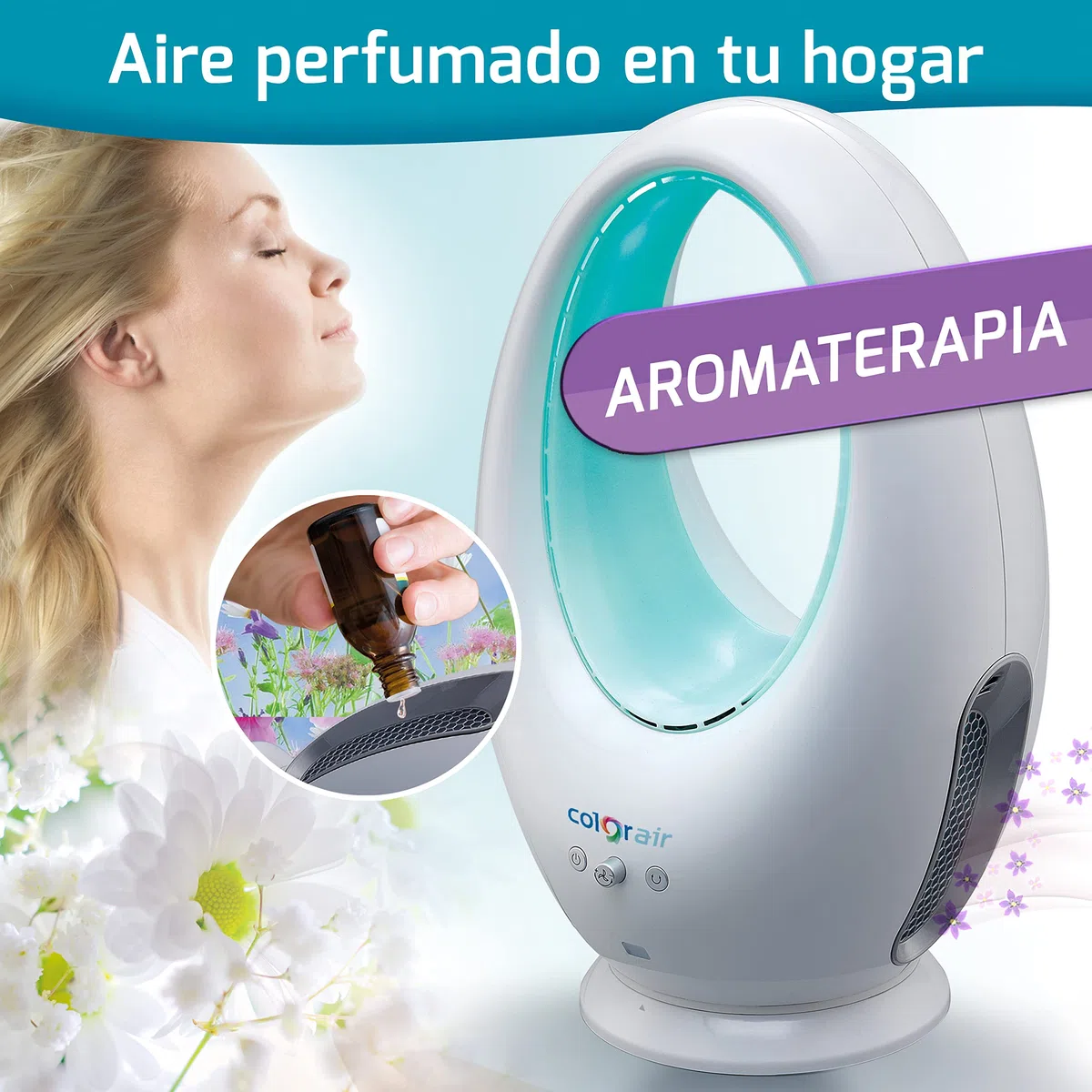 GALERIA DEL COLECCIONISTA Ventilador SIN ASPAS COLOR AIR: SEGURO, POTENTE. Flujo continuo, Sistema de purificación, Aromaterapia y Cromoterapia. Con Mando y Temporizador para Apagado automático