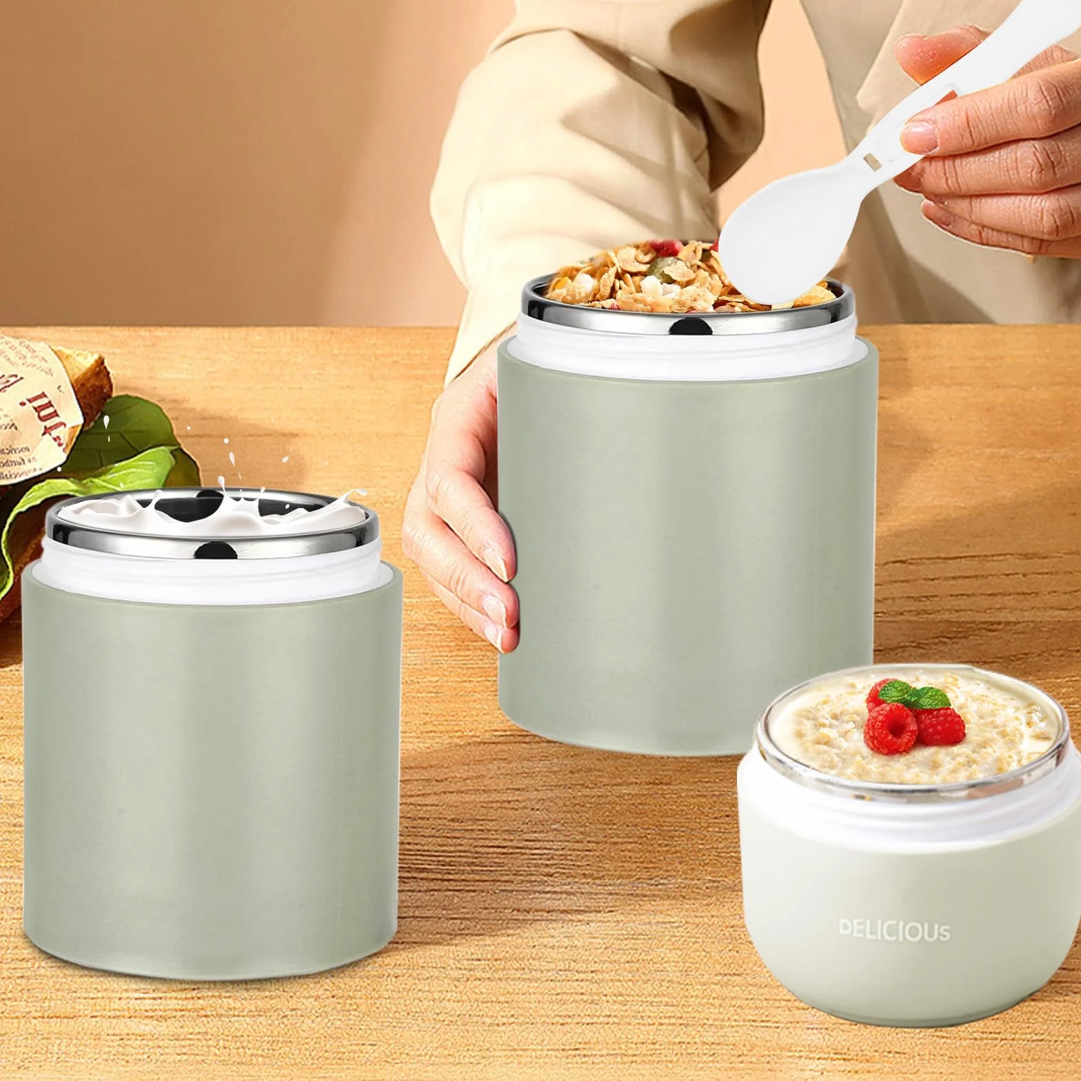 Chedin Vaso de cereales para llevar, acero inoxidable, 730 ml, a prueba de fugas, cuchara y tapa, tarros doble capa, perfectos para el trabajo (rosa, tamaño)