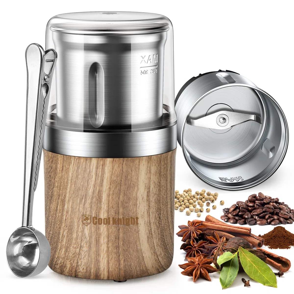 COOL KNIGHT Molinillo De Café EléCtrico, Molinillo De Cafe Con Cuchara Para Café Y 1 Recipiente De Molienda De Acero Inoxidable. Capacidad De 100g, Adecuado Para Especias, Granos De Café, Nueces, Etc.