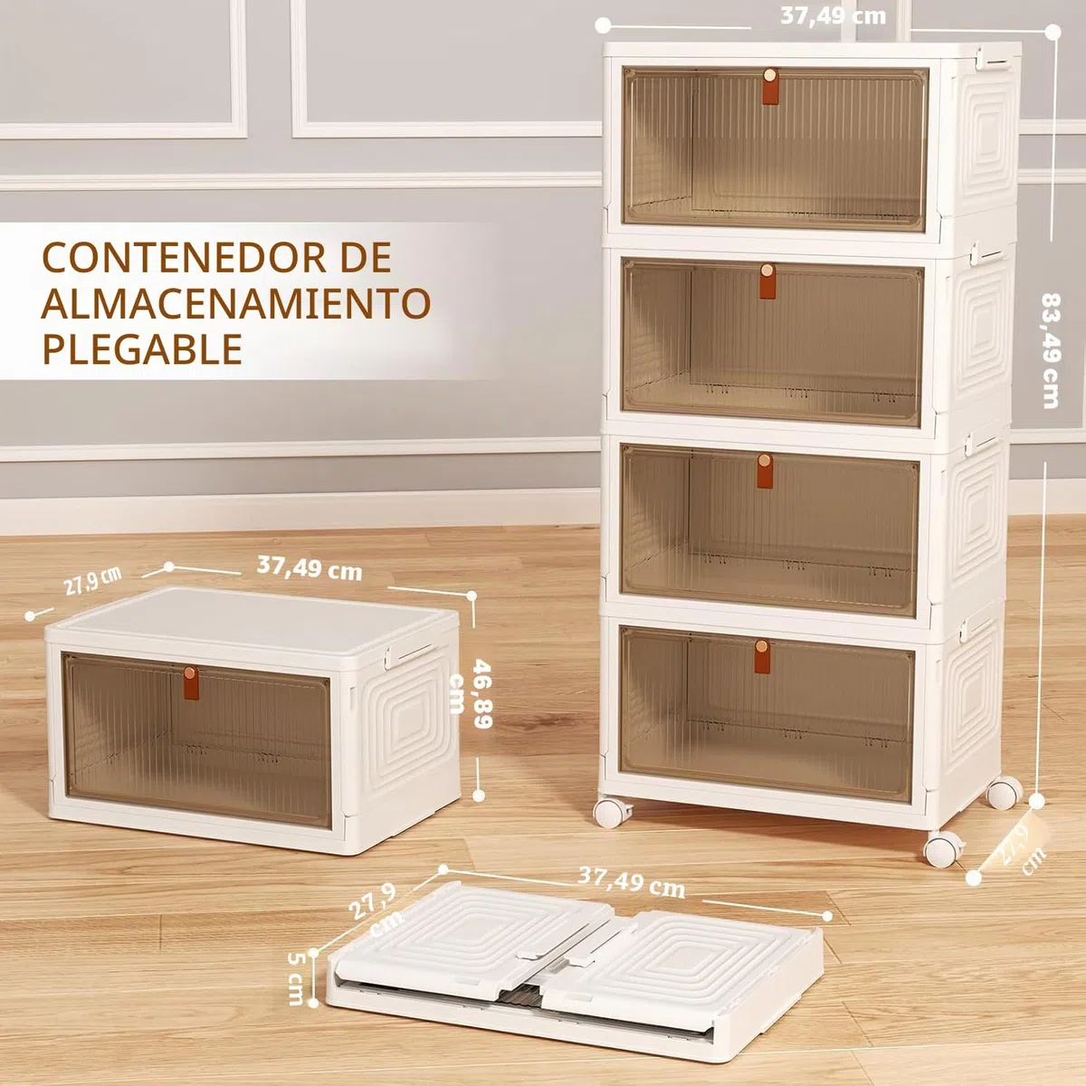 SavvyStor Cajas de almacenamiento con tapa, cajones de almacenamiento de plástico de 4 niveles, cajas apilables, organizador para dormitorio y sala de estar