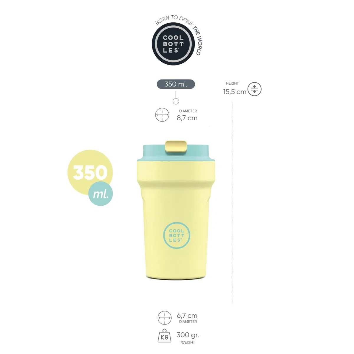 Cool Bottles - Paradise Tumbler - Vaso Térmico de Acero Inoxidable - 350 ml - Creta - Amarillo y Turquesa - Tapa Hermética - Bebidas frías 10 horas y calientes 5 horas - Acabado Antimanchas