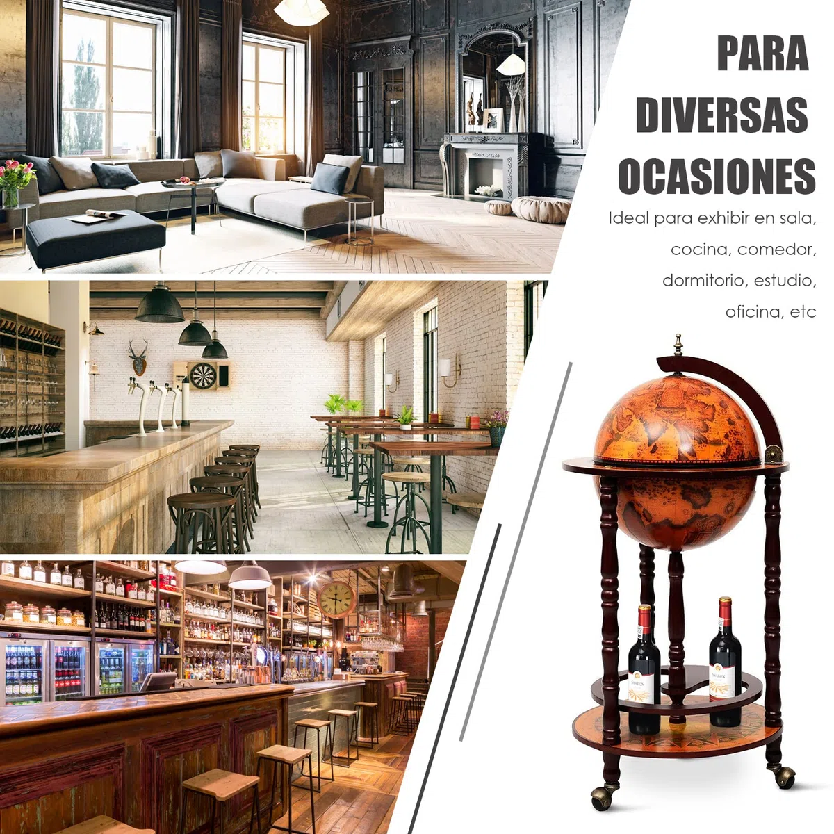 COSTWAY Globus Bar de Madera, Barra de Globo, con Ruedas, Carrito de Bar, Bar, botellero 45 x 45 x 88 cm, marrón, Aprox. 45 x 45 x 88 cm (Largo x Ancho x Alto) | Mueble Bar de Globo Terráqueo con Ruedas, Botellero Minibar Retro para Vino Cóctel Whisky