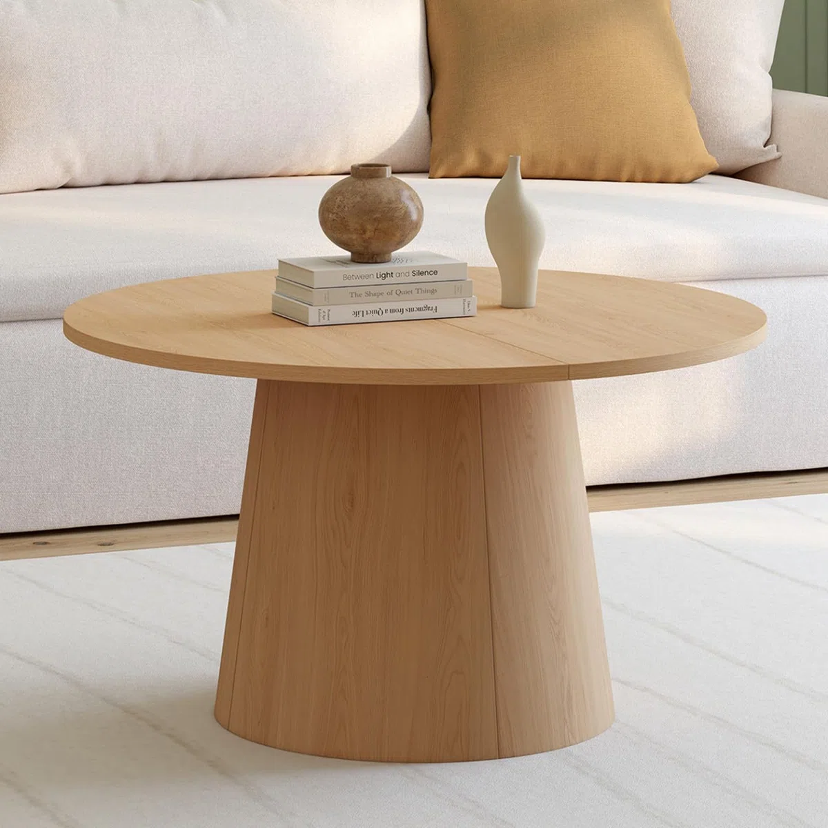 IDMarket – Mesa baja redonda ángel 70 cm pie central madera efecto haya
