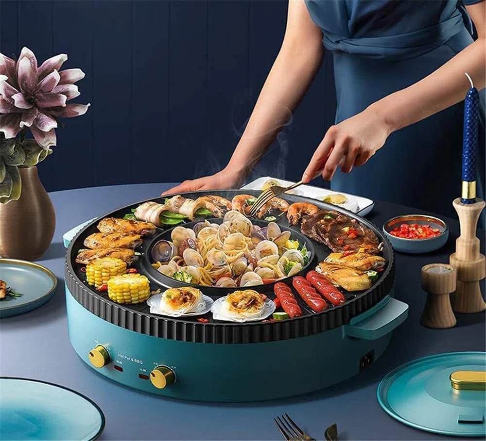 Parrilla Eléctrica Plancha de Asar Parrilla eléctrica sin Humo 2 en 1 y Olla Caliente Parrilla eléctrica para Olla Caliente 110 V Dividida Fácil Limpieza Control de Temperatura Dual 10